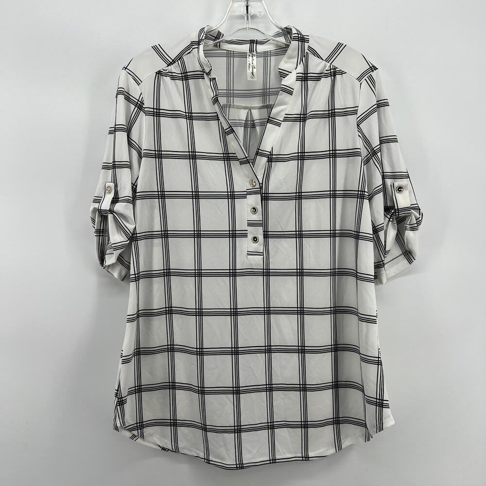 Perception Concept White Black Striped Blouse Women’s Large Elegant Light Top